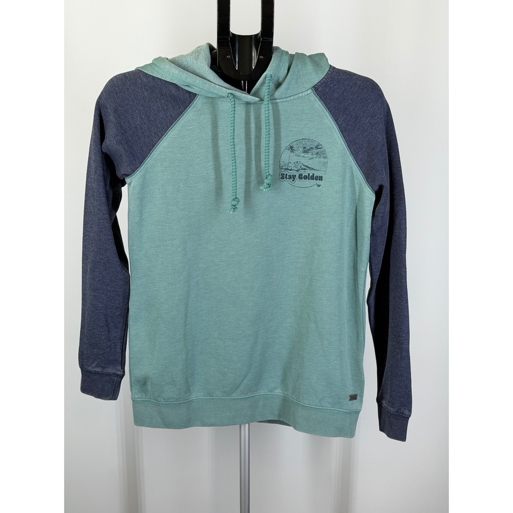 Roxy Stay Golden Raglan Hoodie Teal Grey Graphic Fleece Pullover XS